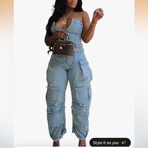 Women's Sexy 2XL Light Blue Denim Cargo Jumpsuit Jeans